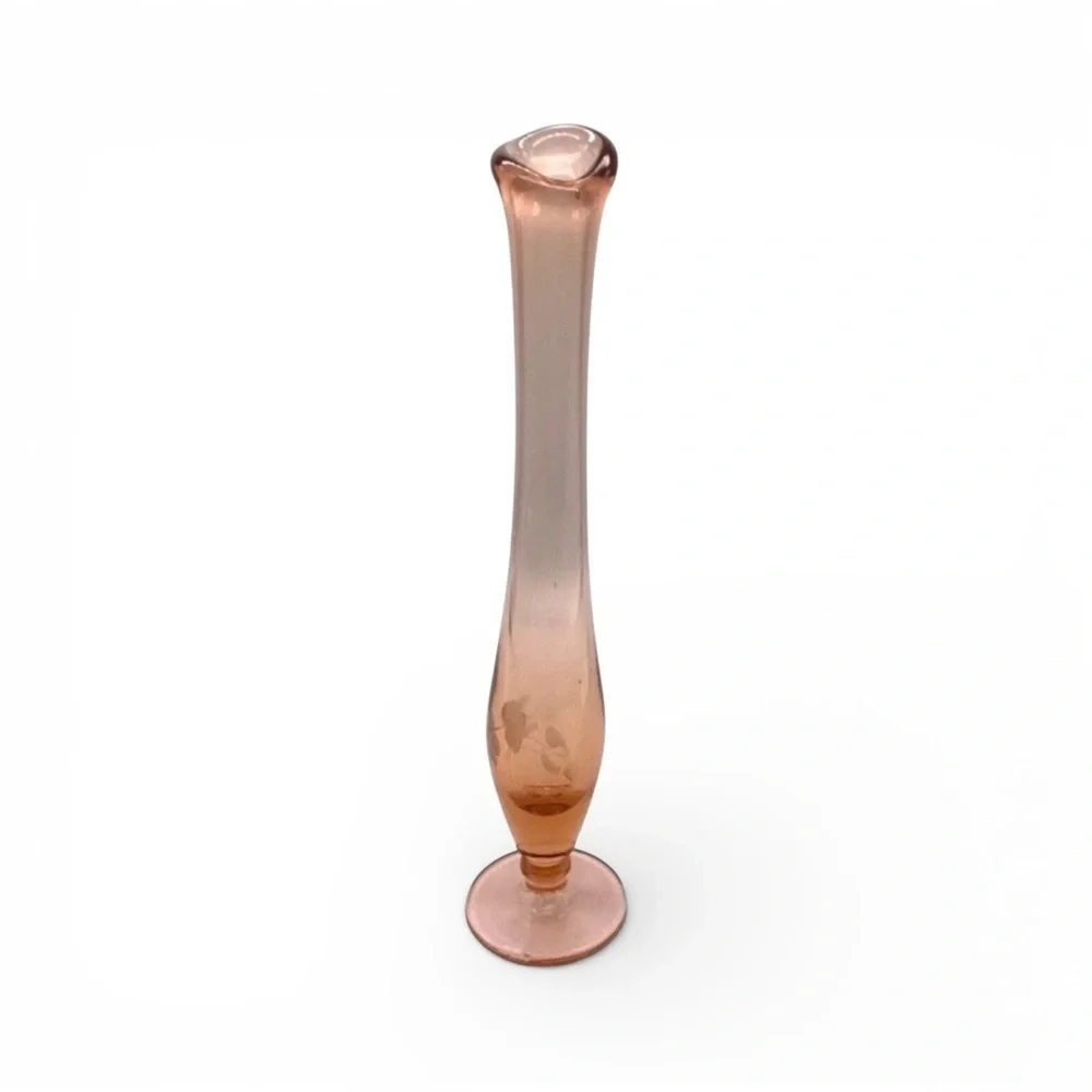 Pink Depression Glass Bud Vase Etched Floral Stretched Pedestal Art Vtg 9.5